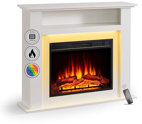 Camino elettrico BALDERIA Liora - Caminetto elettrico con vano portaoggetti, effetto fiamma 3D, illuminazione d'ambiente a LED, riscaldamento 2000W, timer, termostato, telecomando - Liora Bianco