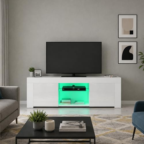 Panana Modern 2 Doors TV Unit Stand 120cm TV Cabinet Sideboard High Gloss Door and Matt Body with RGB LED Lights for Living Room (White)