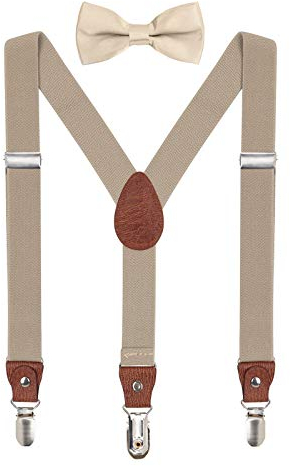 WANYING Hosenträger Fliege Set für Kleinkind Kinder Jungen Mädchen 3-8 Jahre alt Y Form 3 Clips Breite 2,5cm Elastische Hosenträger - Einfarbig Khaki