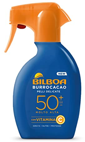 Bilboa Burrocacao Spray Solare Trigger SPF 50+, Protezione Solare Molto Alta per Pelli Sensibili, Formula con Vitamina C, Idrata, Nutre e Protegge, Dermatologicamente Testato, 250 ml