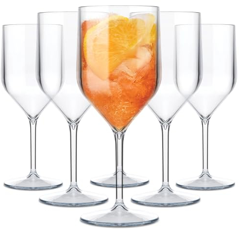 TUNDRA - Lot de 6 Verres a Pied CROISIERE 25 cl en PLASTIQUE RIGIDE SAN, Réutilisables, Verres à Vin Incassables, BPA-Free et Lavables au Lave Vaisselle, Verre à Champagne, à Vin, (Transparent)