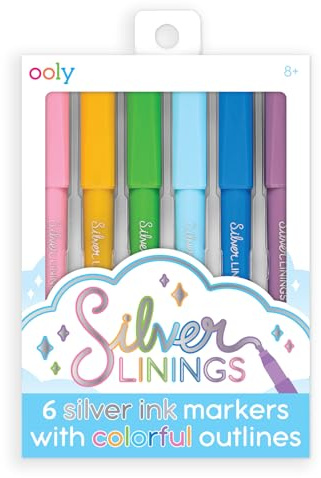 Ooly Silver Markers Colorful Outlines Set of 6, All Markers are Silver with Unique Outline in Multiple Colors, Glittery & Sparkling Marker for Kids, 2mm Nib for Medium Sized Lines
