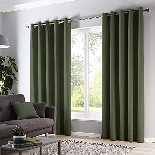 Fusion Sorbonne Olive Green Thermal Eyelet Curtains – W66 x L72 (168x183cm) – 100% Cotton – Bedroom/Living Room – Door Drapes – Soft Window Covering