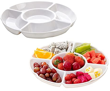 Set di 2 vassoi da portata in melamina da 33 cm con 5 scomparti, piatti divisi bianchi per antipasto, spuntino, verdure, frutta