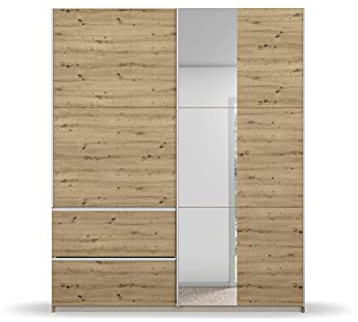 Rauch Möbel Sevilla Schrank Kleiderschrank Schwebetürenschrank, Eiche Artisan, Holz, Griffleisten alufarbig, 2-türig mit Spiegel, inkl. 2 Kleiderstangen, 2 Einlegeböden BxHxT 175x210x59 cm