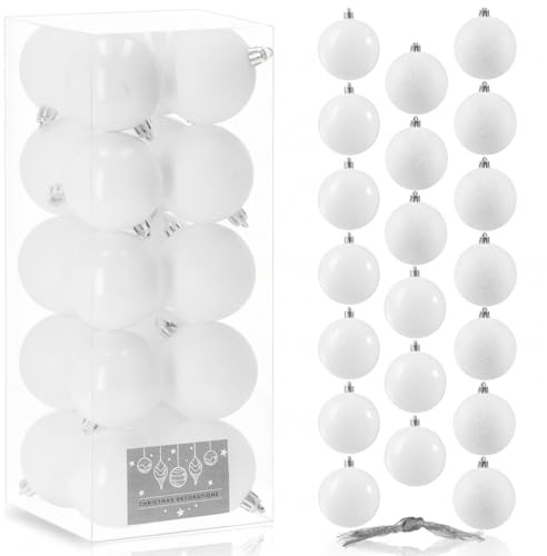 SPRINGOS - palline per albero di Natale, diametro di 8 cm, colore bianco, infrangibili, con glitter, addobbi natalizi, set da 20 pezzi