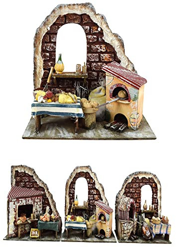 Scenario Forno in Mattoni con Ambientazione Panettiere con Tavolo e accessori Paesaggio Presepio Napoletano Artigianale casolare Panetteria Fornaretto Pizzeria Dimensioni 20 x 10 x h.17cm