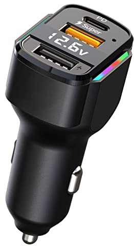 GemCoo Laddare Bil USB C snabbladdning, 80W Ultrarätt laddning-3 Port PD3.0 & QC3.0 Laddare USB-tändare Snabbladdning, LED-spänningsskärm, Bil Adapter för Samsung, iPhone, Huawei, etc.