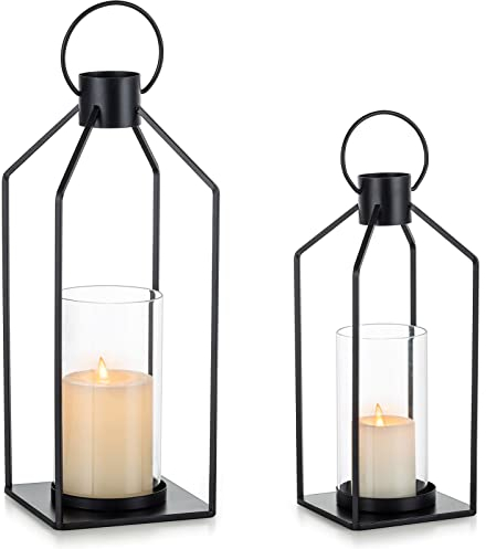 Nuptio Linternas Negras para Velas Metal: 35.5cm & 29.5cm Farol Decorativo Portavelas Huracán Velas de Pilar Colgante de Cristal Sala de Estar Boda Mantel Navidad Halloween Decoraciones Juego de 2