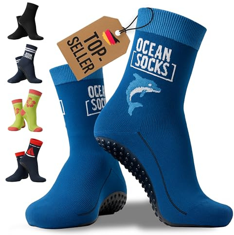 OceanSocks + extra väska | halkfria vatten- och strandstrumpor för strand, vatten, wattvandring, båt och brädor, kvinnor, män, barn, blå, delfin, 23–26