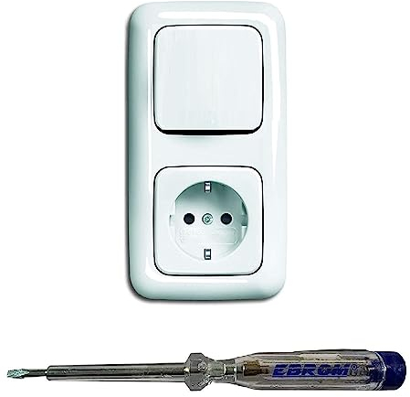 Busch Jäger Lichtschalter Wechselschalter AN/AUS 2000/6 US und Steckdose 20EUC-214 im 2-fach Rahmen in Reflex Si alpinweiß glänzend inklusive EBROM Phasenprüfer zur Montage der Geräte