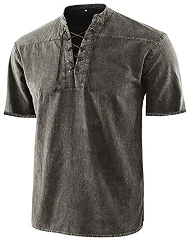 Fulidngzg Herren Leinenhemd Sommer Piratenkostüm Römer Slim Fit Historische Kettenhemd Cosplay Gothic Sommerhemd Steampunk Vintage Tunika Kurzarm Blanc Du Nil Wikinger Leinen Hemd Mittelalter