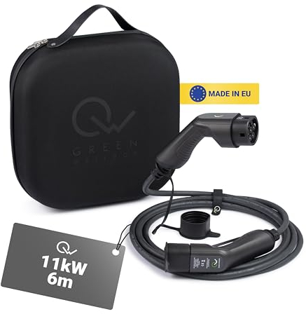 Green Wallbox - EV Ladekabel Typ 2 für Elektroautos - 6 Meter 11kW - Tragbares Zuhause Schnell Ladegerät - mit Hartschalenetui - Ladekabel für Elektrofahrzeuge - Wasserdicht - Hitzebeständi