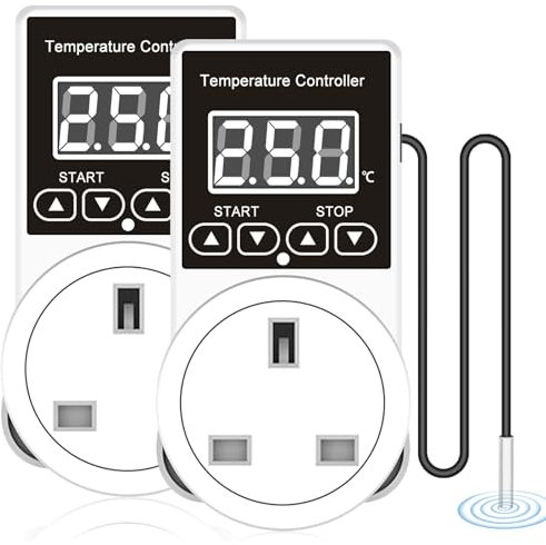 YOYIAG 2 Pcs Temperature Controller Plug 100-250 V Digital Thermostat Plug with Water Proof Sensor Probe, Support Heating/Cooling Mode, LCD Screen Thermostat Outlet Socket for Reptile Greenhouse Home