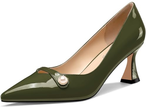 NobleOnly Womens Mid Heel Pointed Toe Slip-on Pearls Dress Pumps Court Shoe Glitter Casual Patent Leather Shoes 6 CM Heels Olive Green 7 UK
