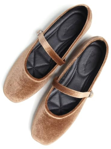 Stunner Velvet Flats for Women Women's Mary Jane Shoes Retro Square Toe Ballet Flats Comfortable Buckle Strap Flats Brown 38(7)