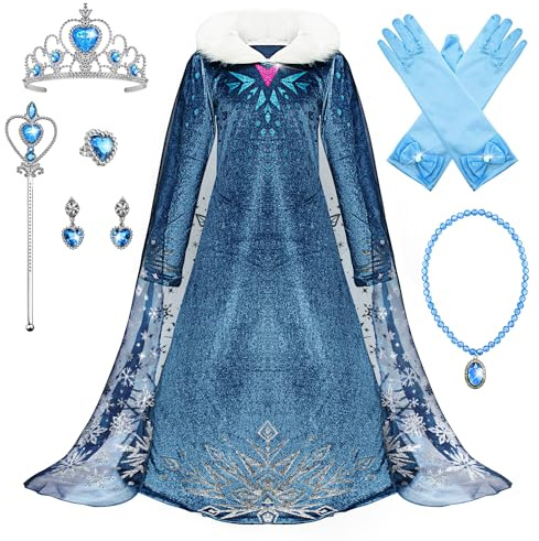 Monissy La Reine des Neiges Elsa Princesse Robe Fille Bleu Col Blanc Duvet Manche Longue Cape Tulle Glace Neiges Imprimé Asymétrique Costume Mariage Anniversaire Canarval,Bleu3,110