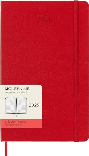 Moleskine Daily Planner, 12-Month 2025 Daily Agenda, Hard Cover and Elastic Closure, Scarlet Red Color, Large Format 13x21 cm