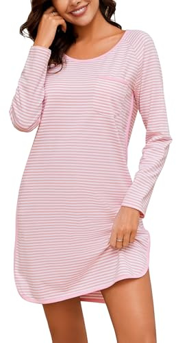 Namatime Camisones de algodón para Mujer, Vestido de casa a Rayas Suaves, Camisas de Dormir de Manga Larga, Ropa de Dormir de otoño, camisón de Noche, Rosa, S