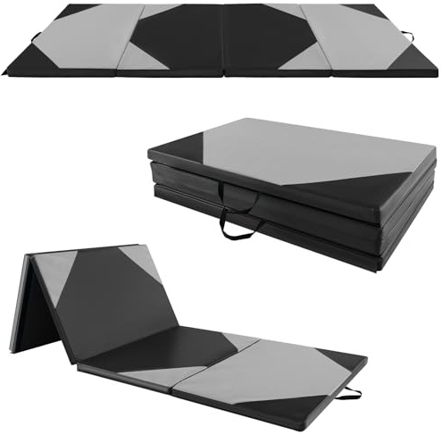 COSTWAY Tappetino Ginnastica Pieghevole 300 CM, Tappetino a 4 Pannelli in Pelle PU con Gancio, Chiusure a Strappo e Maniglie per Ginnastica, Yoga e Allenamenti da Casa e Palestra (Grigio e nero)