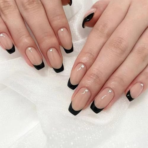 Ceboic 24 Pezzi Corte Unghie Finte Adesive, Quadrate Ballerina Francese Bordo Nere Premere sulle Unghie, Copertura Complete Stick sulle Unghie Artificiali per Donne Ragazze Nail Art