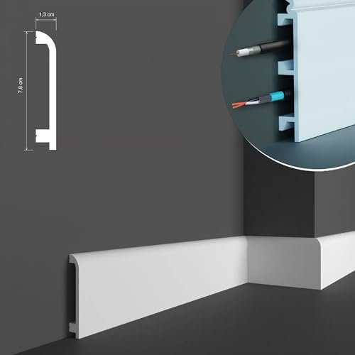 Zócalo de 2 metros, medidas 7,8 x 1,3 cm, zócalo de duropolímero HDPS (más resistente que el PVC y la madera), color blanco, se puede pintar, no hace moho, con espacio para pasar cables - HCR519