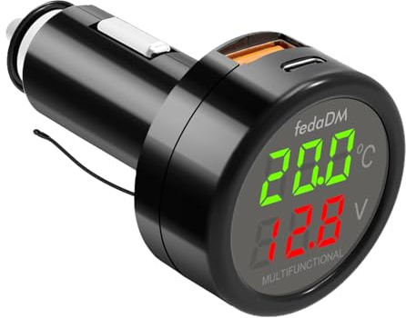 Hoembpn Caricabatteria USB QC3.0+PD3.0 Auto Voltmetro Termometro con Display Digitale LCD Tester Temperatura Tester Tensione Batteria Monitor Meter Accendisigari Adattatore USB 12V-24V Auto Camion