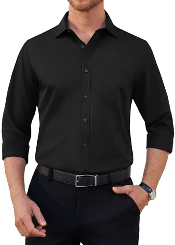 siliteelon Mens Shirts Black Shirt Long Sleeve Work Regular Fit Casual Business Formal Dress with Pocket Funeral Shirt L