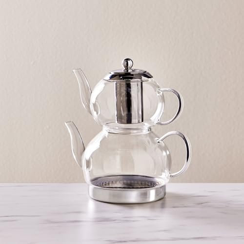Karaca Pandora Théière Transparente pour Thé Turc en Verre Borosilicate avec Infuseur, Bouilloire à Thé (2 L) & Theiere avec Couvercle et Filtre Amovible (1 L)