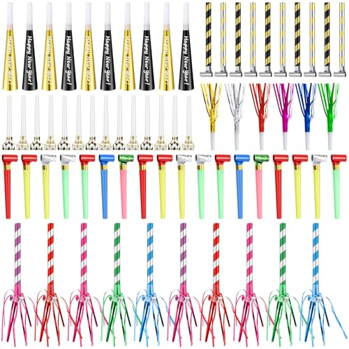 Lenwen 200 Pcs New Years Eve Noisemakers Favor 2026 Happy New Year Gold Silver Blower Horns Whistles Party for Birthday Celebration Sporting Events (Colorful)