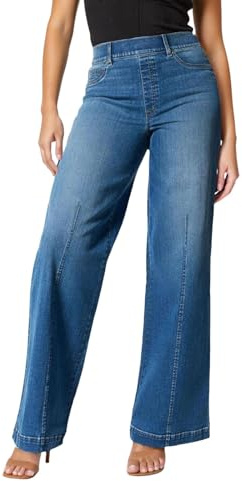 Generisch 2025 Jeans de pierna ancha con costura delantera. Jeans de pierna ancha en la parte delantera. Cintura elástica alta. Pantalón de invierno para mujer, azul, 3XL