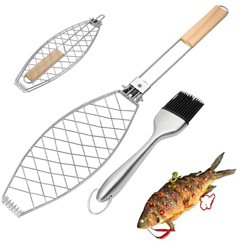 Tkxjry Griglia Pesce Barbecue, 63 * 12cm Graticola per Pesce, con Spazzola Griglia Barbecue per Pesci, Girarrosto per Pesce, per Barbecue per Pesce, Bistecche, Ali di Pollo