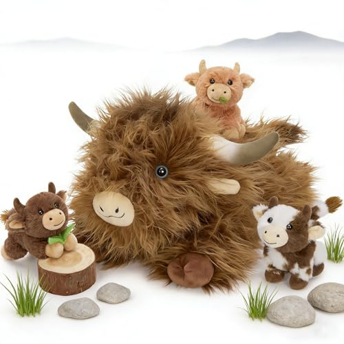 MorisMos Highland Cow Plush with 3 Baby Cows Inside, 50 cm Scottish Highland Cow Stuffed Animal, Soft Farm Animal Plush Toy, Interactive Family Teddy Gift for Kids, Birthday, Christmas