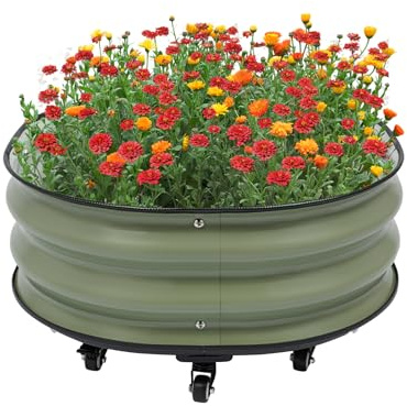 Upphöjd bädd i metall, planteringsbädd för utomhusbruk med hjul, trädgårdsbädd, låg rabatt för grönsaker, frukt, blommor och örter, 60 x 60 x 30 cm