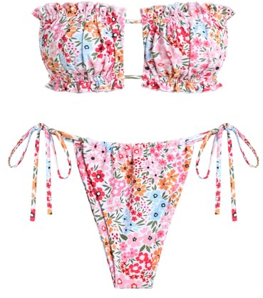 ZAFUL Women 2 Piece Strapless Bikini Swimsuits Ruffle Ribbed Self Tie Bandeau Bikini Set High Cut String Bathing Suits, 2-pink Floral, S