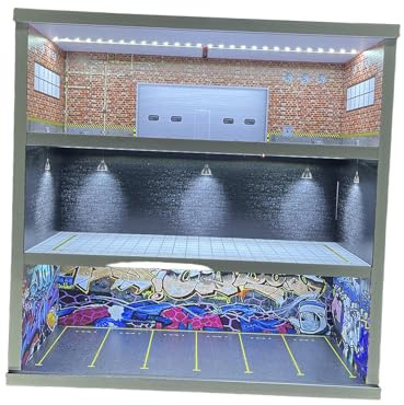 TISHITA Vitrina para Coches de Modelo Estuche de Exhibición para Coleccionables 1/64 Garaje con Escena Iluminada Y Tapa Acrílica Adecuado para Escritorios Y, Estilo a