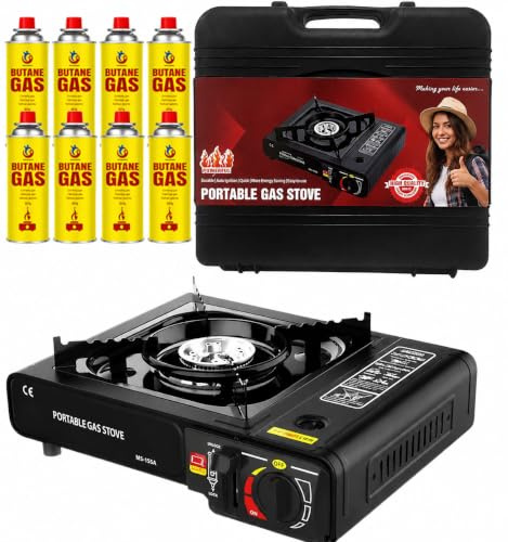 Portable Camping Stove with Carry Case & 8 Butane Gas Canisters – Black Single Burner Gas Cooker, Automatic Piezo Ignition, Adjustable Heat Control, EN417 Compliant, 2100W