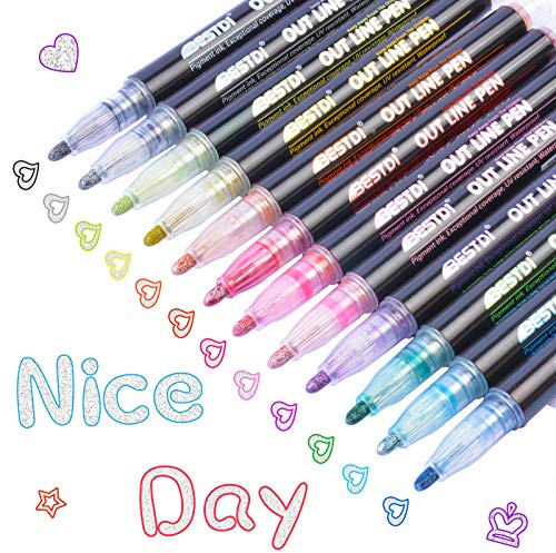 Double Line Outline Pens 12 Colours Shimmer Metallic Markers Glitter Pens