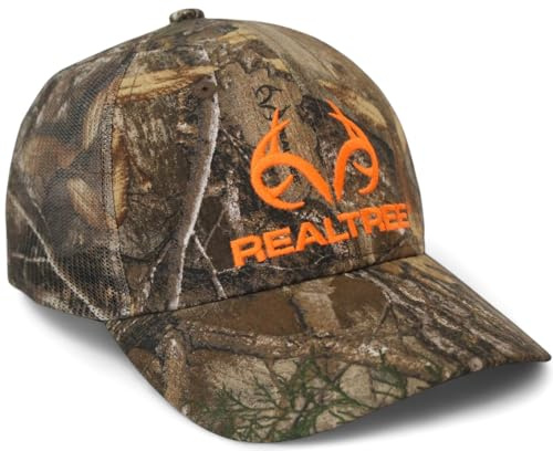 Realtree Edge Blaze Logo Camo Mesh Trucker Cap Hat Snapback Wicking Sweatband Structured Mid-Profile Precurved Visor Camouflage Cap, One Size-L (RT Custom Cap-1169)