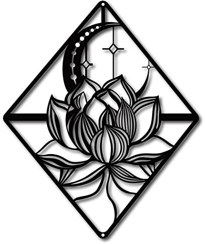 CREATCABIN Lotus Wall Art Métal Lily Moon Flower Noir Suspendu Décor Jardin Ornements Sculpture Acier Noël Halloween Décoration Maison Intérieur Extérieur Jardin Esthétique Chambre 10.6 x 10 Pouce