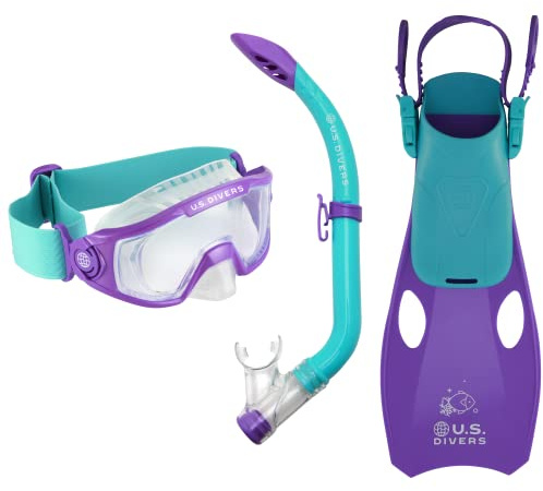 U.S. Divers Avila Kid II Snorkel Set - Curved 1-Window Lens, Splash Guard Snorkel, Easy Adjust Fins Buckles - Play Series | Unisex Children, Small/Medium (Ages 4+), Purple/Teal,SR3920543SM