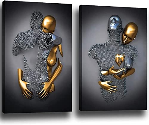 chongjian Liebe Herz 3D Grau Leinwand Wandkunst Moderne Gemälde 3d Abstrakt Umarmung Wanddekoration Schwarz und Weiß Metallfigur Skulptur Effekt Bild Wohnzimmer Dekoration Ohne Rahmen (Gold, 16x24in)