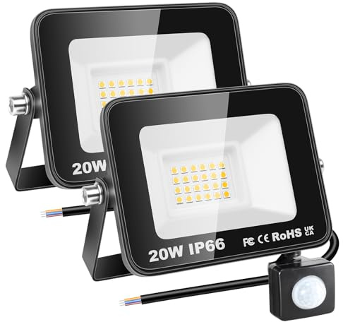 RIGIDON 2x PIR-rörelsesensor utomhus säkerhetslampa, 20W LED-strålkastare | 2000 lm, utan kontakt, 3000K varmvit, utomhusvägglampa, för trädgård, garage, bakgård, uteplats, husdörröppning, vattentät