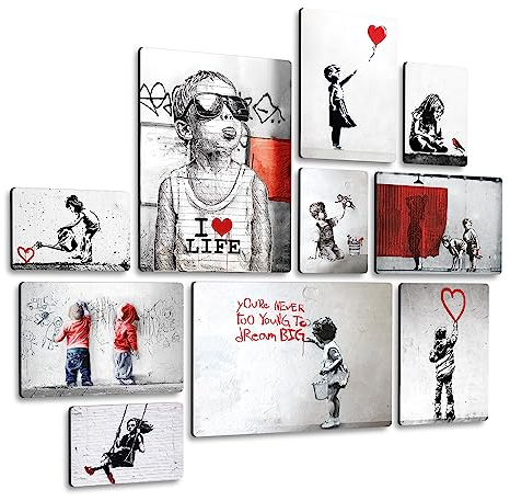 Giallobus - Satz von 10 mehrteiligen Gemälden - Banksy - Sammlung 2 - MDF-Holz - - 2 x 42x29,7cm - 4 x 29,7x21cm - 4 x 21x14,85cm - - Fertig zum Aufhängen – Gemälde