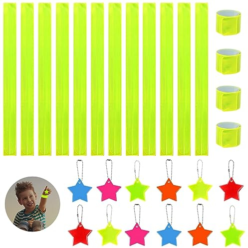 KKSJK 24 Stück Reflektoren Kinder Set, 12 Reflektor schnapparmband, 12 Stern Reflektoren Anhänger, Reflektorband für Nachts Joggen und Rad Fahren