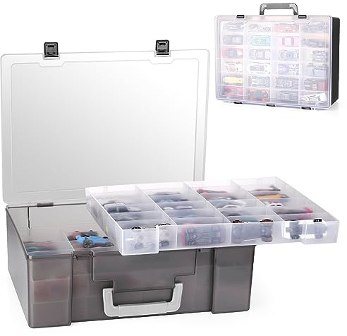 RHCOM Boîte à jouets 72 compartiments avec 3 couches de plateaux amovibles, boîte pour jouets tels que les voitures Hot Wheels, les voitures, les mini jouets et les petites poupées, noir