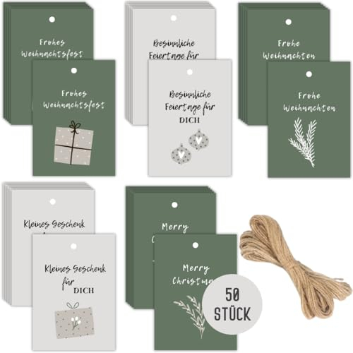 Things of Happiness Weihnachten Geschenk Anhänger Geschenkanhänger Frohe Weihnachten Merry Xmas (DIN A8, Grün Beige), (0001)