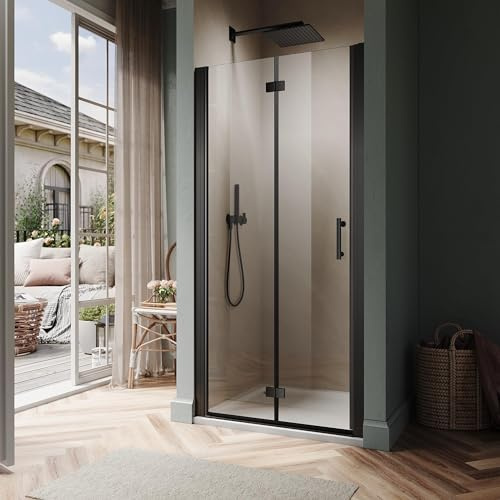 SUNNY SHOWER Hinged Swing Glass Shower Door 29.5-31 W x 72 H Semi-Frameless Bi-Fold Shower Glass Door with 1/4 (6mm) Clear Glass, Reversible Installation, Matte Black