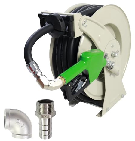 SWANGET 3/4x50' Fuel Hose Reel Retractable & Fuel Nozzle & Fuel Hose Swivel,Spring Driven Diesel Hose Reel,Inlet 1 NPT Thread Swivel Oulet 3/4 NPT Thread Swivel,Heavy Duty Steel Construction Reel
