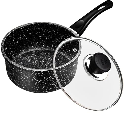 Milchtopf Antihaft Beschichtet, Ø 16 cm Kasserolle mit Stiel und Deckel, Klein Kasserolle Stieltopf, Stielkasserolle Induktion Schwarz für Induktions, Elektro und Gasherde